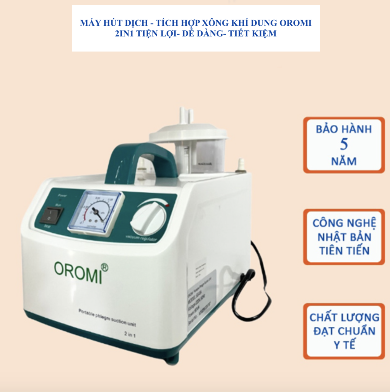 MÁY HÚT DỊCH 1 BÌNH TÍCH HỢP MÁY XÔNG KHÍ DUNG OROMI 2 IN 1 SS-6A(15L)